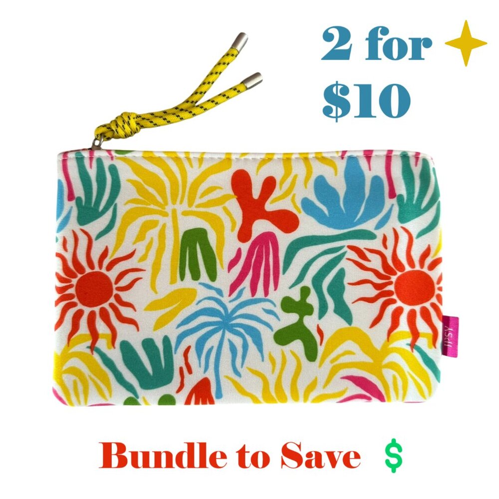Ipsy Glam Bag Colorful Summer Tropical Print Makeup Bag Zippered sz 5in x 7in Co